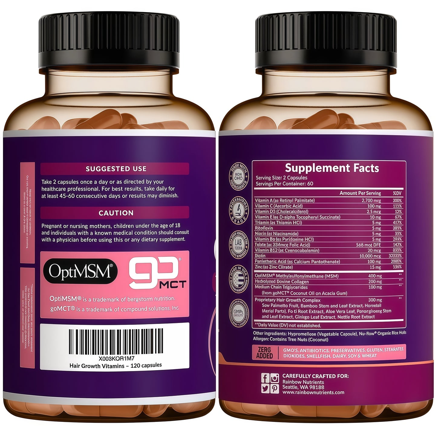 Hair Growth Vitamins for Women | Biotin 10,000mcg, Collagen, Patented OptiMSM®, goMCT®, Saw Palmetto | Naturally Supports Stronger & Healthier Hair, Skin and Nails |Non GMO + Made in USA|60 Day Supply