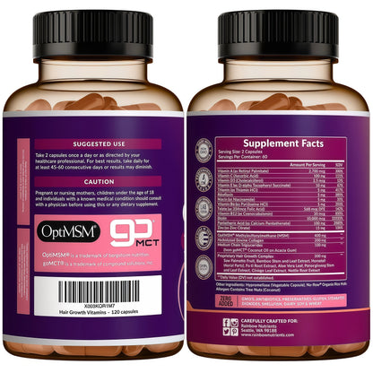 Hair Growth Vitamins for Women | Biotin 10,000mcg, Collagen, Patented OptiMSM®, goMCT®, Saw Palmetto | Naturally Supports Stronger & Healthier Hair, Skin and Nails |Non GMO + Made in USA|60 Day Supply