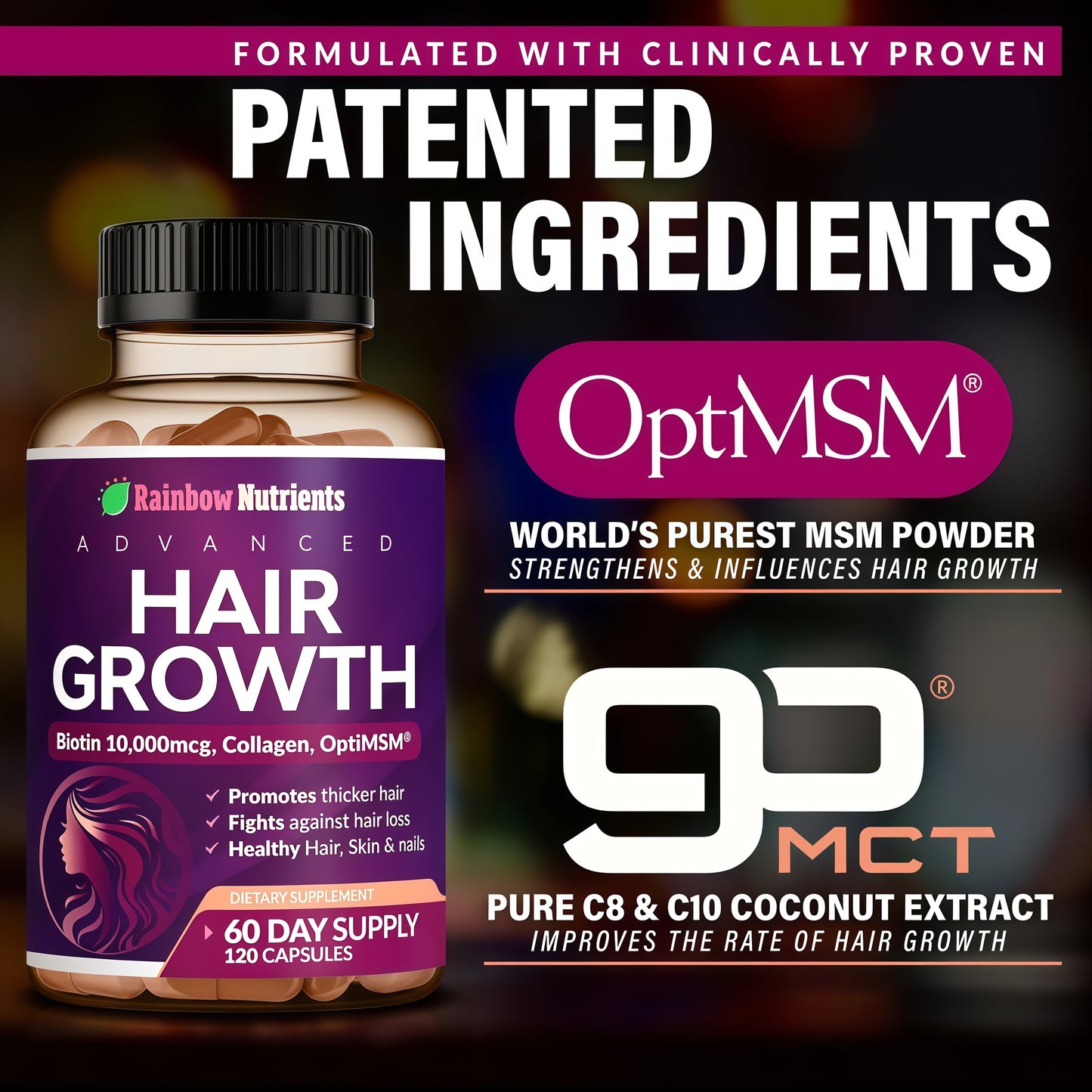 Hair Growth Vitamins for Women | Biotin 10,000mcg, Collagen, Patented OptiMSM®, goMCT®, Saw Palmetto | Naturally Supports Stronger & Healthier Hair, Skin and Nails |Non GMO + Made in USA|60 Day Supply